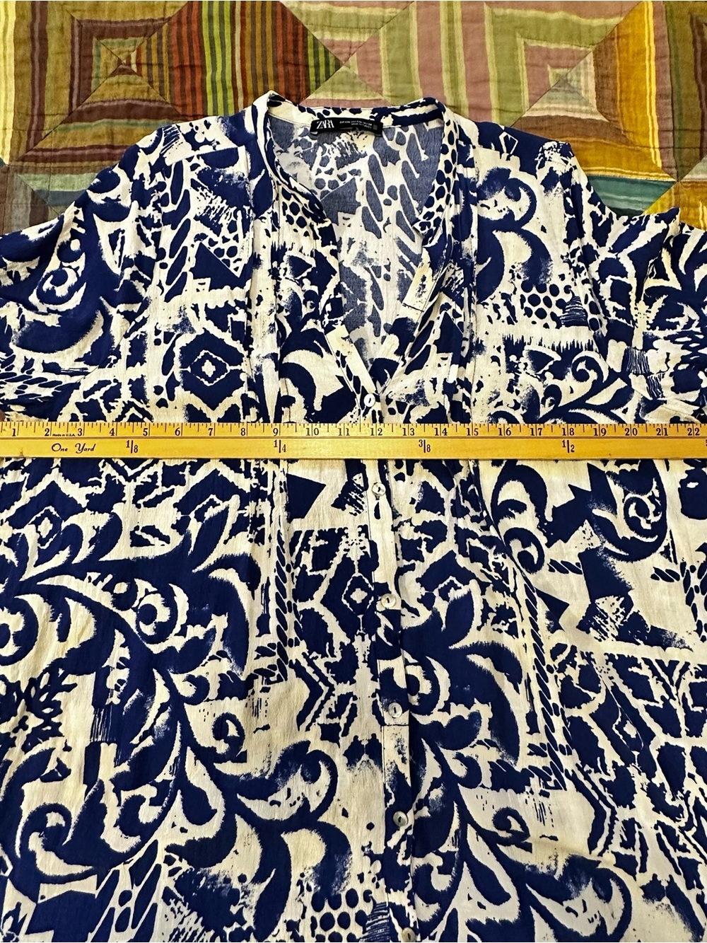 Zara Blue and White Printed Casual Button-Down Shirt